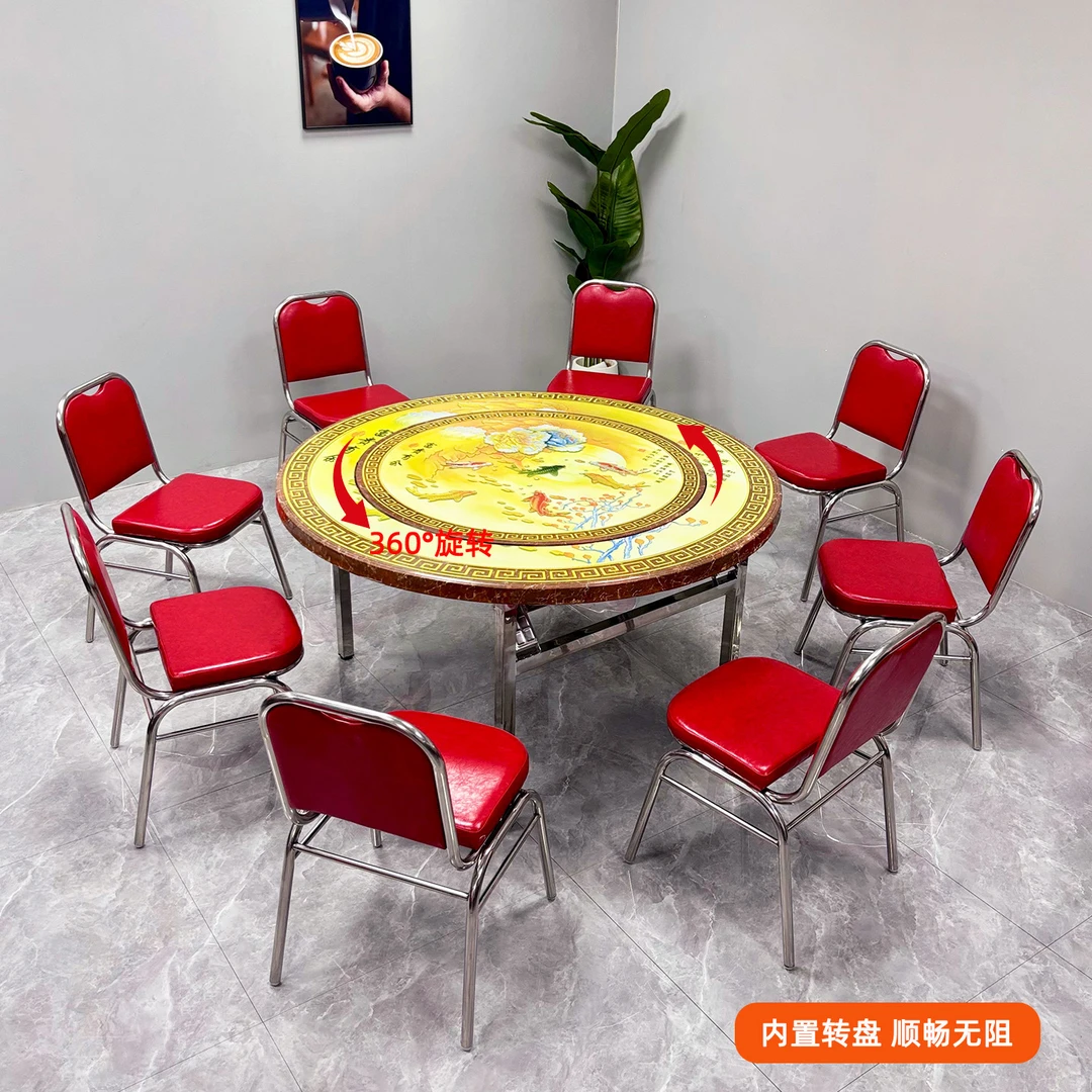 304不锈钢折叠桌彩图印花圆桌家用客厅餐桌圆凳组合酒席吃饭桌