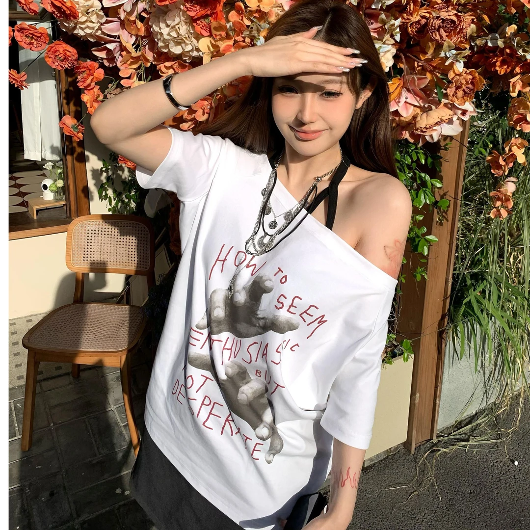 美式复古白色斜露肩短袖t恤女夏季2025新款宽松慵懒风松弛感上衣