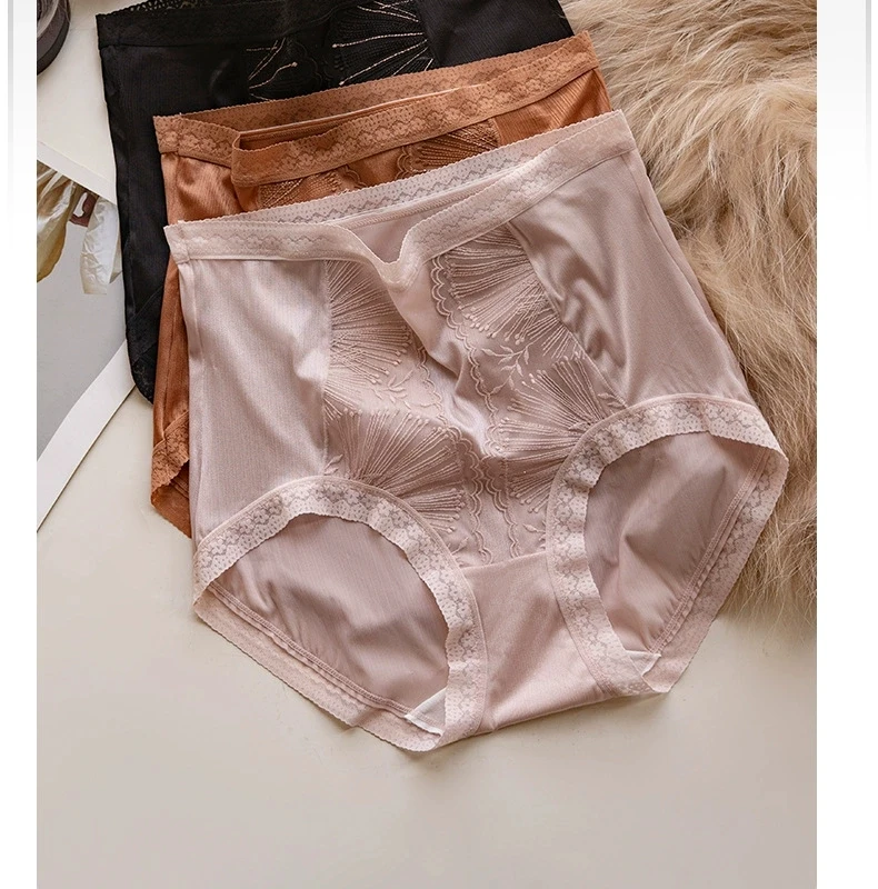 高腰性感女士内裤轻收腹无痕缎面桑蚕丝底裆三角裤大码蕾丝边