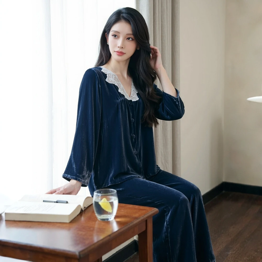 西湖丝韵 【谧夜蓝汐】100%桑蚕丝真丝丝绒秋冬女士睡衣套装家居服