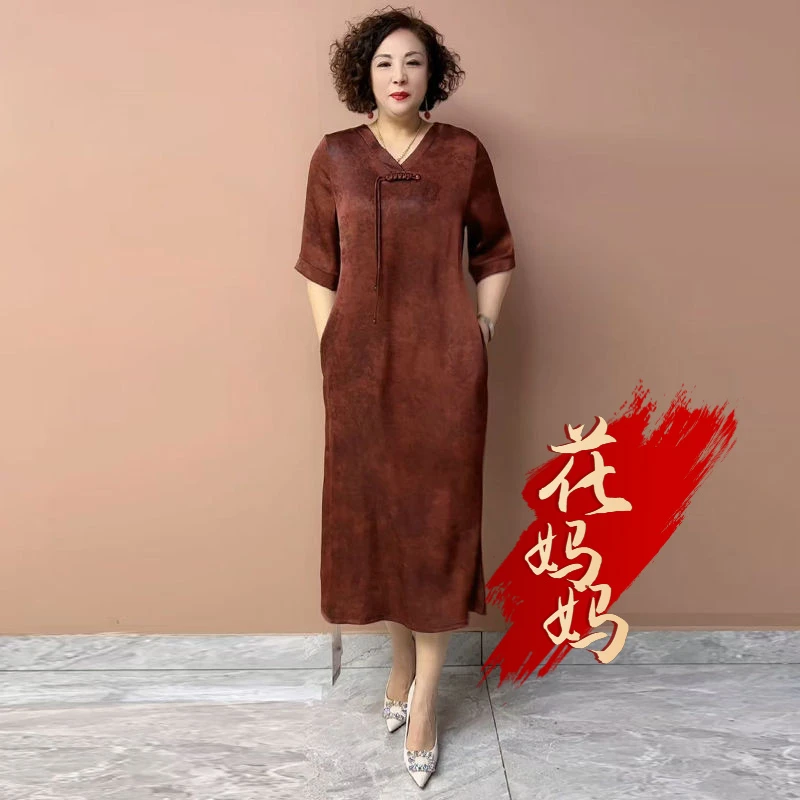 H夏季经典桑蚕丝妈妈新中式国风旗袍连衣裙中老年时尚显瘦裙