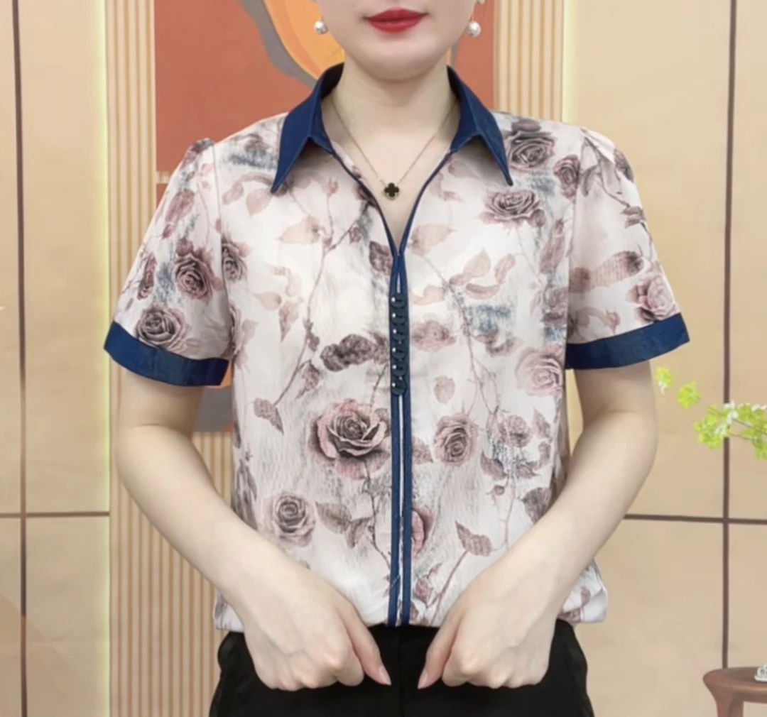 2025春夏中老年文艺设计感国风复古水墨画短袖时尚洋气雪纺纱衫女