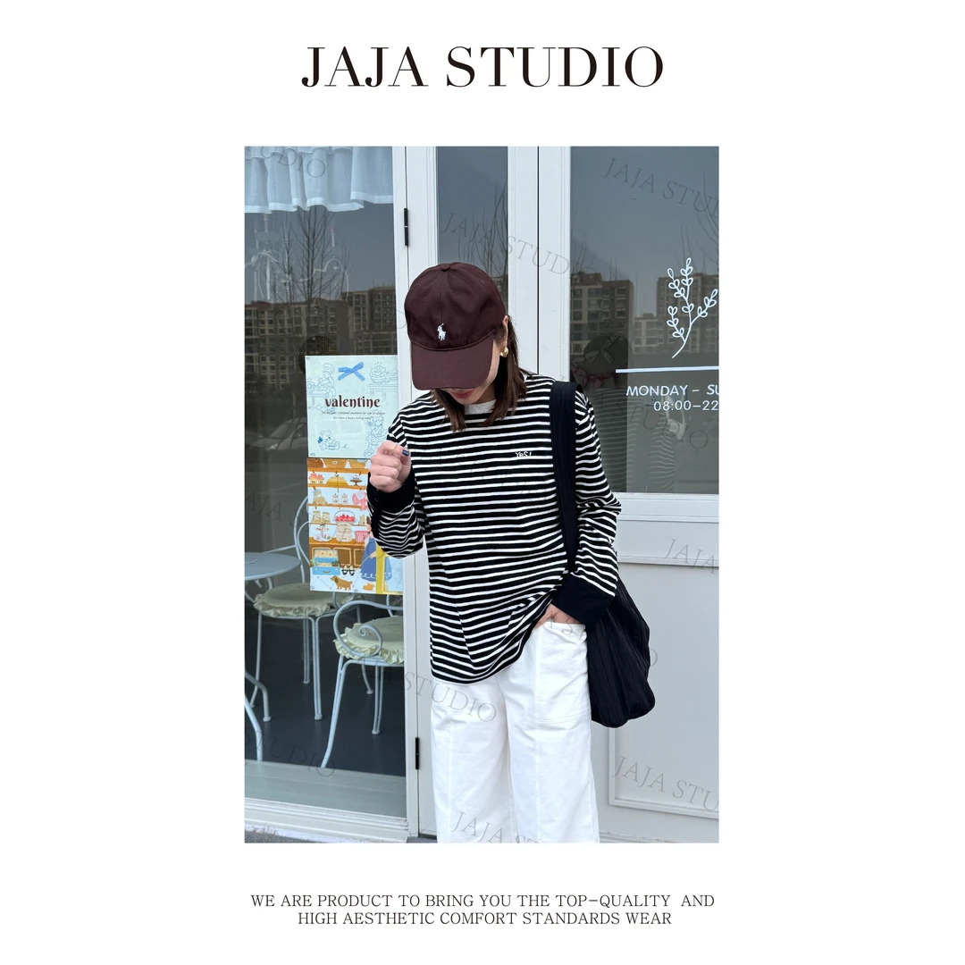 『JAJA佳一』欧版~条纹毛巾肌理感拼衬衣袖上衣