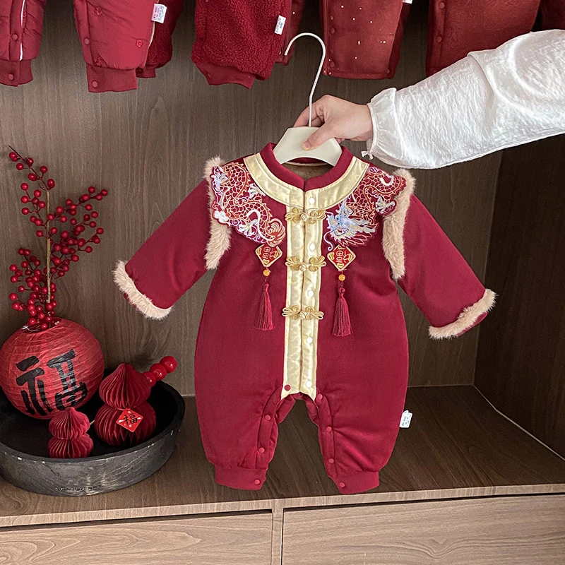 婴儿拜年服冬装女宝宝连体衣加绒红色新年过年衣服婴幼儿周岁礼服