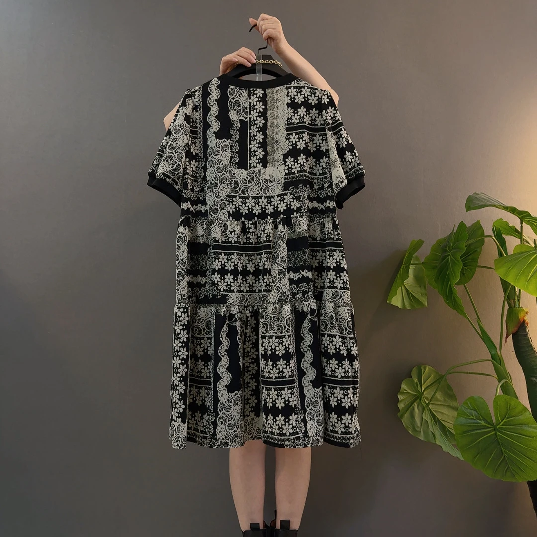 拼接夏季极简风高端轻奢印花碎花雪纺连衣裙宽松显瘦大码时尚收腰