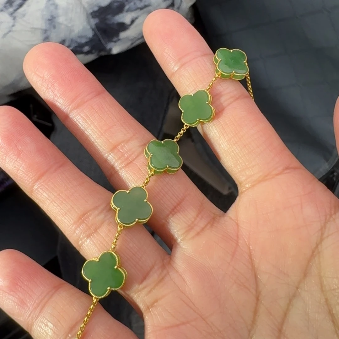 和田玉颈饰18K金镶嵌碧玉四叶草TZ多样性拍一发一