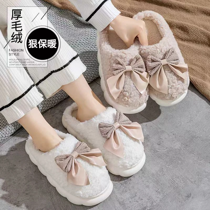 甜美蝴蝶结厚底毛绒女2025秋冬新款外穿透气保暖包头棉拖鞋