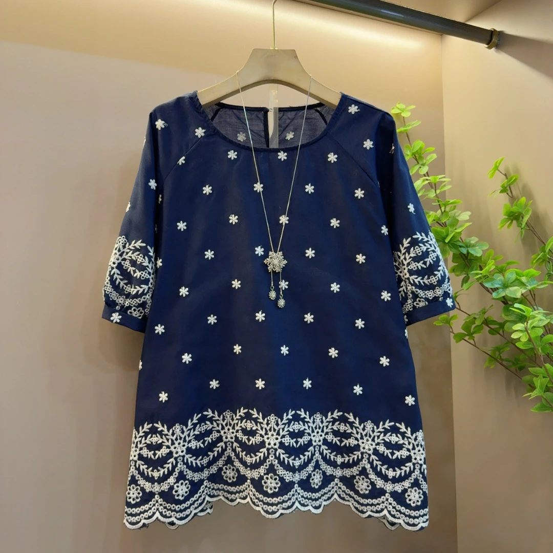 时尚夏季新款气质洋气百搭刺绣休闲宽松短袖上衣（长66左右）
