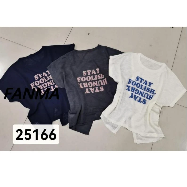 #亚麻# 字母印花设计女士百搭针织衫 气质条纹圆领T恤 F257-25166