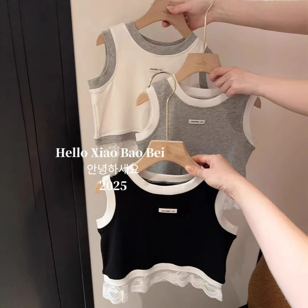 韩国童装2025春夏款女童t恤时髦拼接休闲蕾丝背心儿童洋气运动风