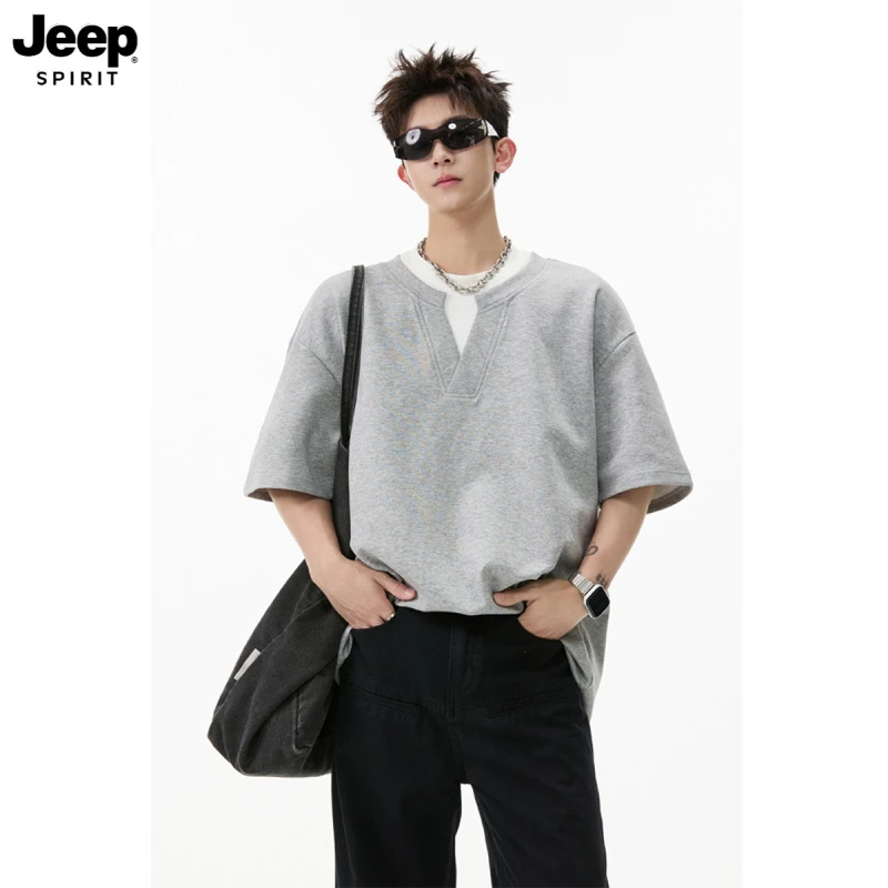 Jeep吉普美式假两件v领短袖t恤男2025新款夏季宽松设计感休闲体恤