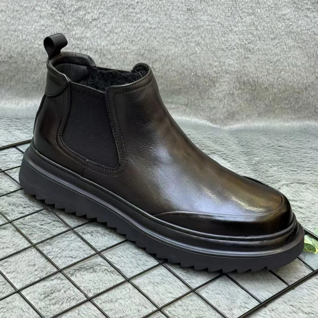 D99冬季轻便耐磨一脚蹬男士切尔西靴时尚高帮短靴英伦风厚底休闲