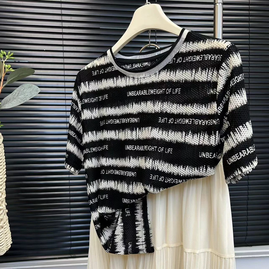 镂空微透 条纹短袖t恤2025新款夏季女装宽松时尚气质洋气上衣1061