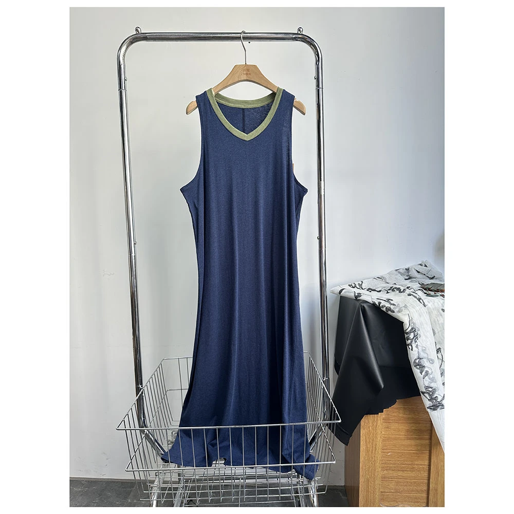 Q271 夏季长款宽松拼色v领背心裙女士休闲长裙