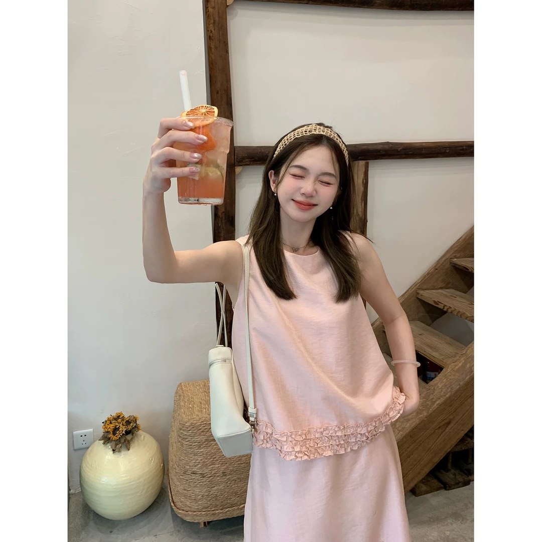 韩版小众时尚甜心夏季新款花边拼接套装背心半裙两件套无袖套装