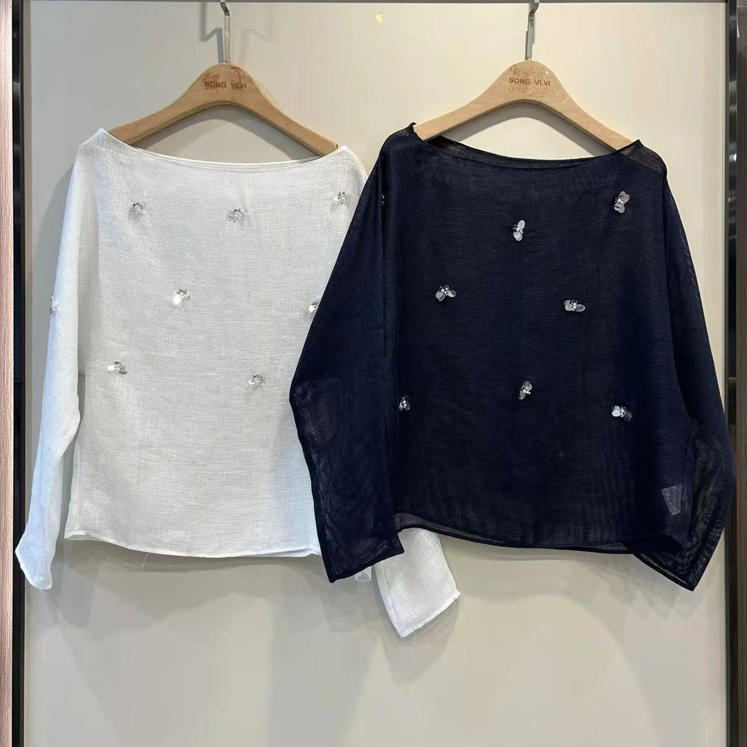 （V姐）镂空春季女花朵夏季圆领亚麻镂空时尚上衣