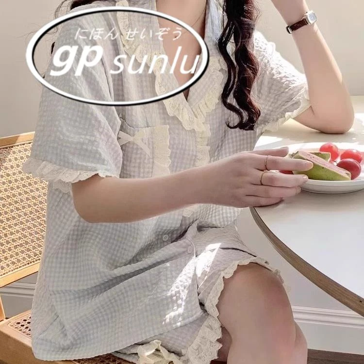 GPSUNLU韩系蓝色格子甜美短袖睡衣女款夏季简约少女学生家居服