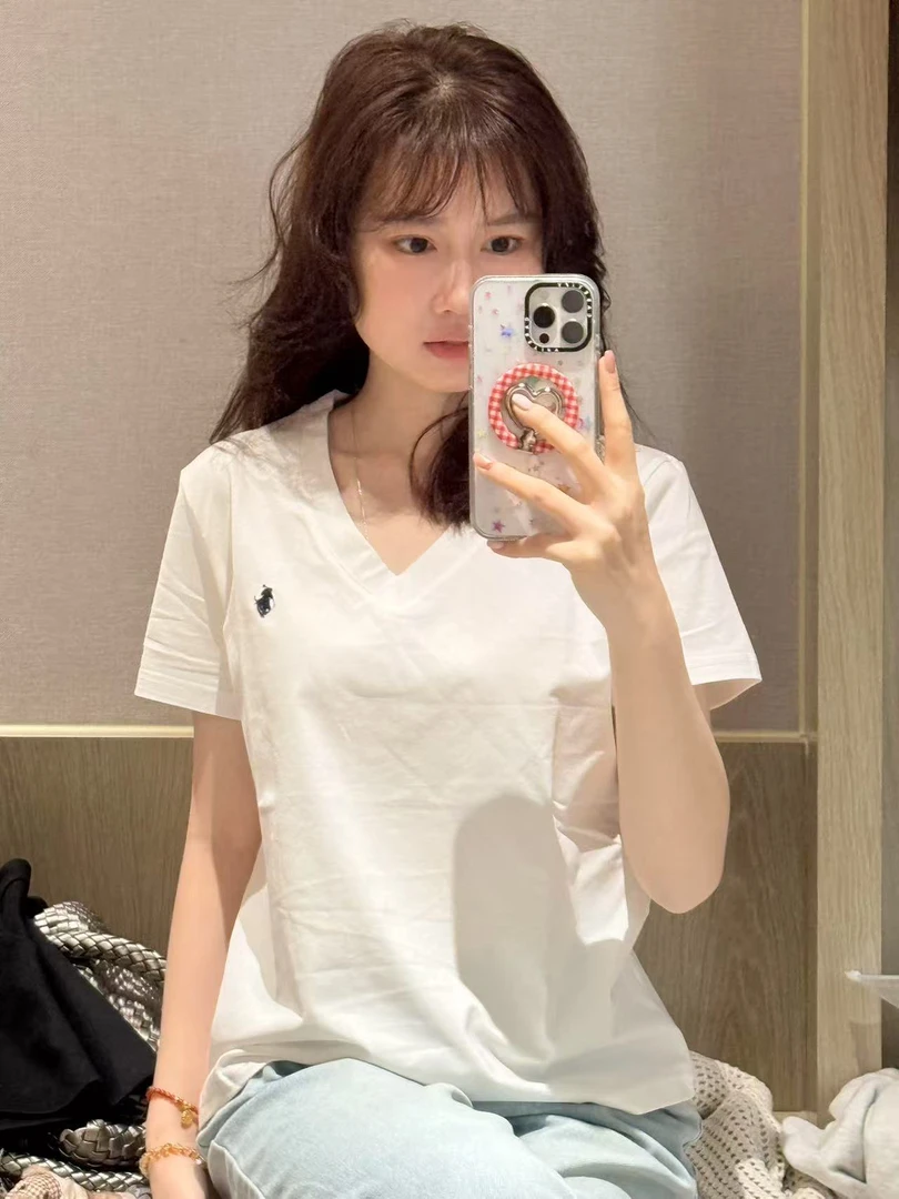 【羊陈通】刺绣t/简约V领短袖T恤女夏季休闲韩版刺绣白色上衣