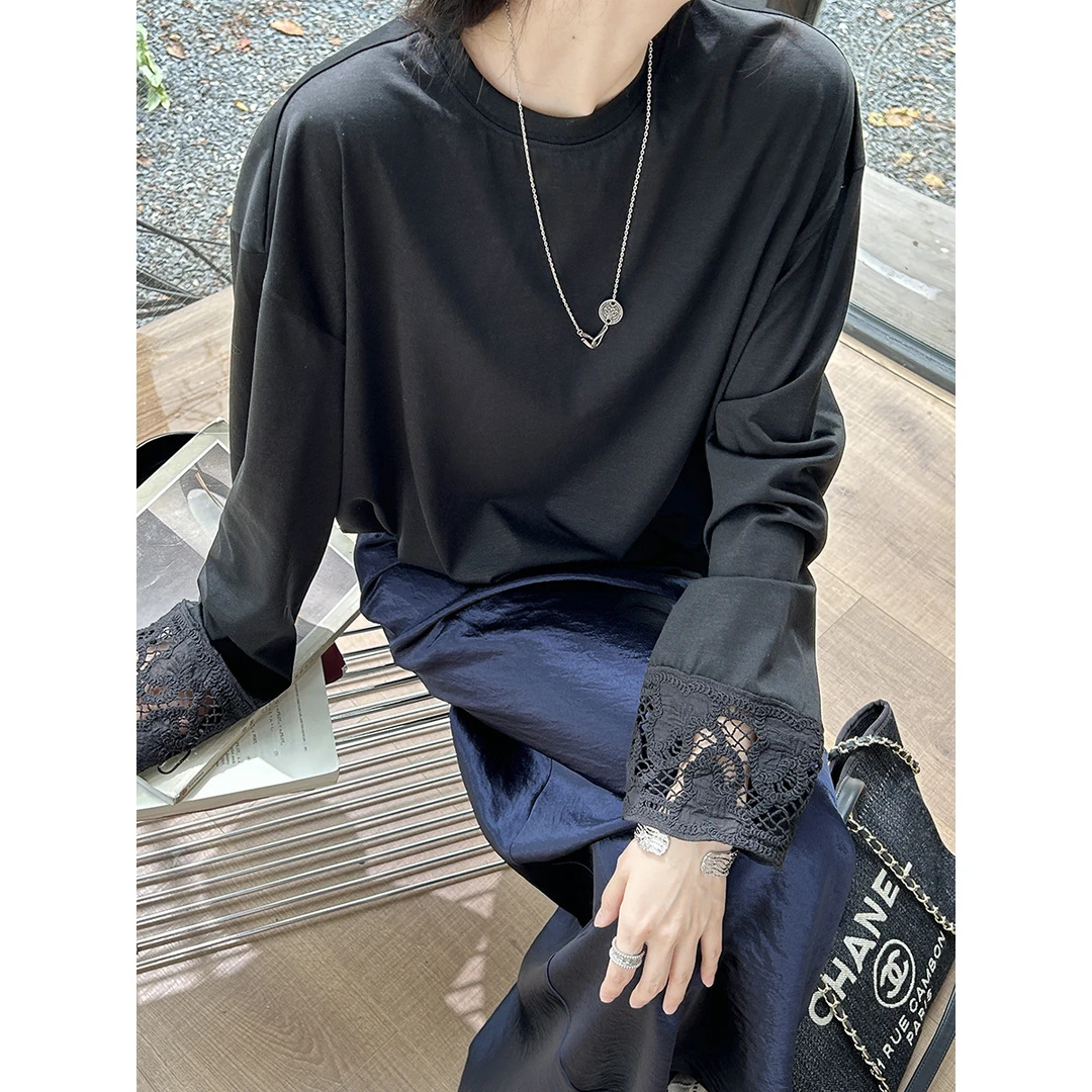 秋上新法式简约袖口拼接慵懒通勤百搭黑色小众时尚长袖T恤ins宽松
