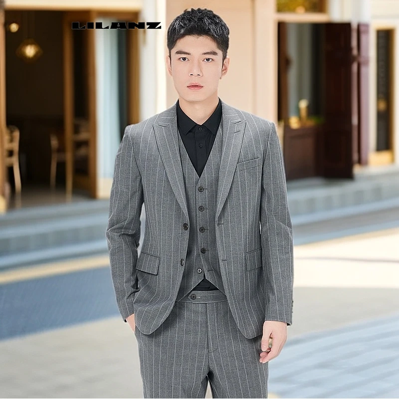 利郎西装灰色商务休闲修身条纹时尚格子职业男士西服24CXF221SA
