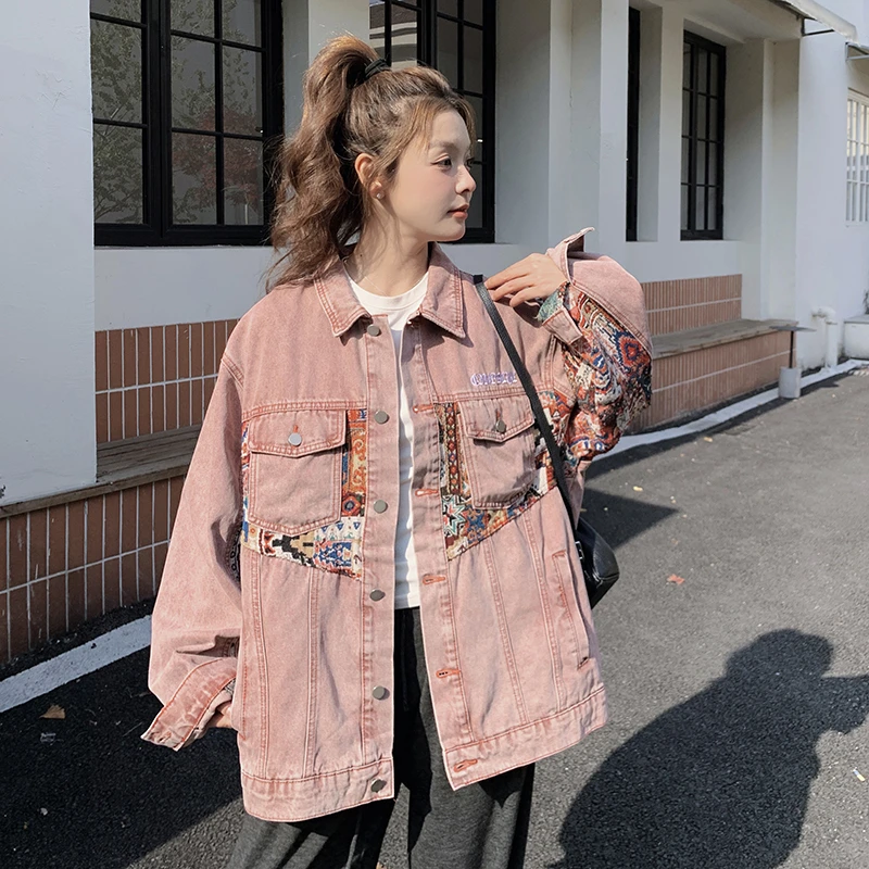 粉色美式拼接刺绣小众炸街牛仔外套女2025春季新款休闲百搭夹克