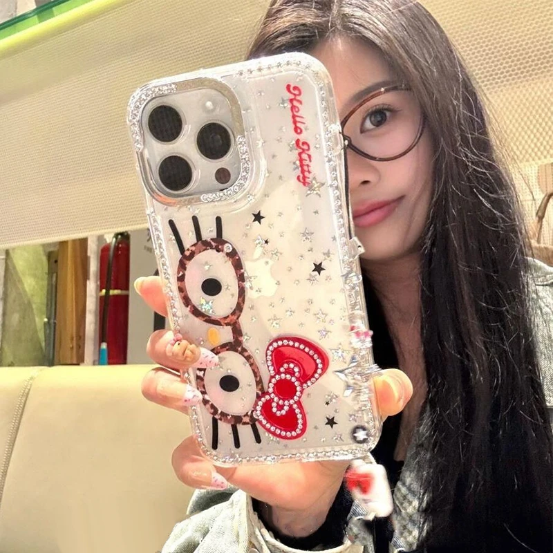 闪钻镭射豹纹眼镜kitty适用苹果13promax手机壳iPhone14/15/16/12
