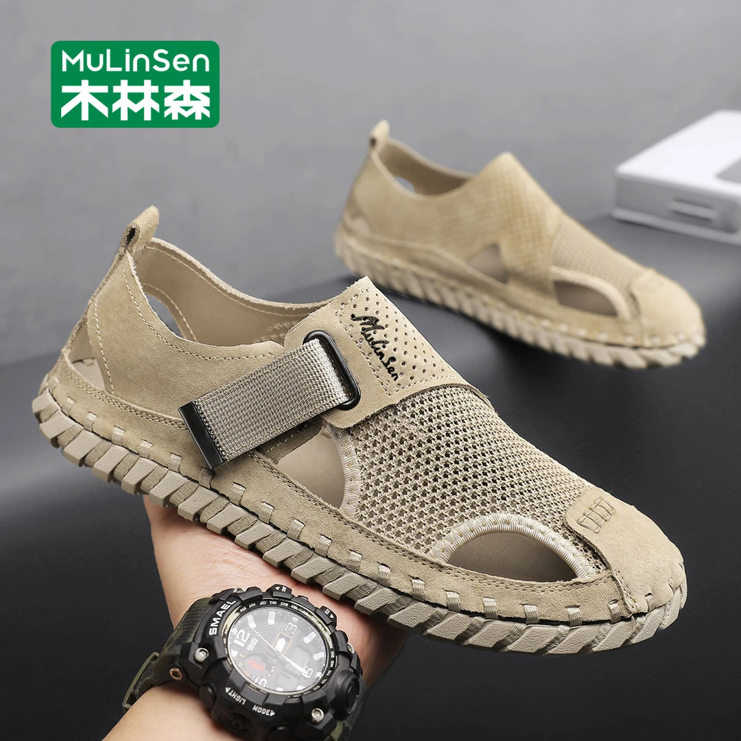 木林森夏季透气外穿沙滩鞋男士软底防滑开车运动包头凉鞋