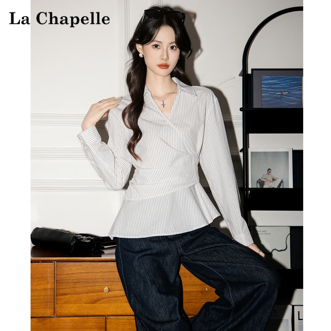 拉夏贝尔条纹撞色polo领掐腰显瘦长袖衬衫女春秋通勤休闲衬衣上衣