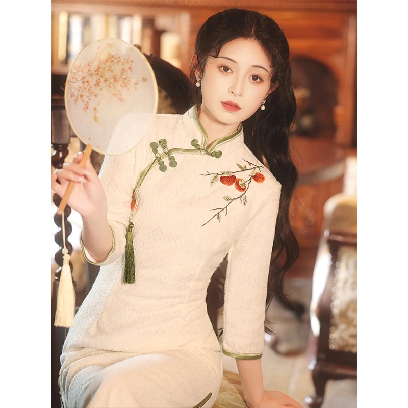 杮杮如意刺绣花厚蕾丝中式国风风改良旗袍连衣裙送压襟复古长116