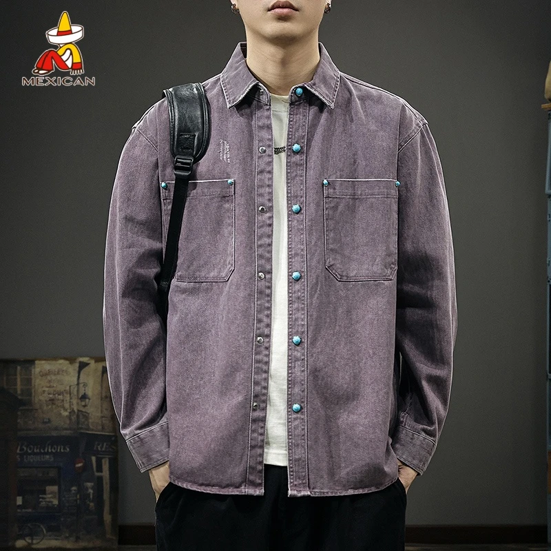 Mexican/稻草人秋季纯棉牛仔衬衫男士美式复古宽松休闲长袖外套潮