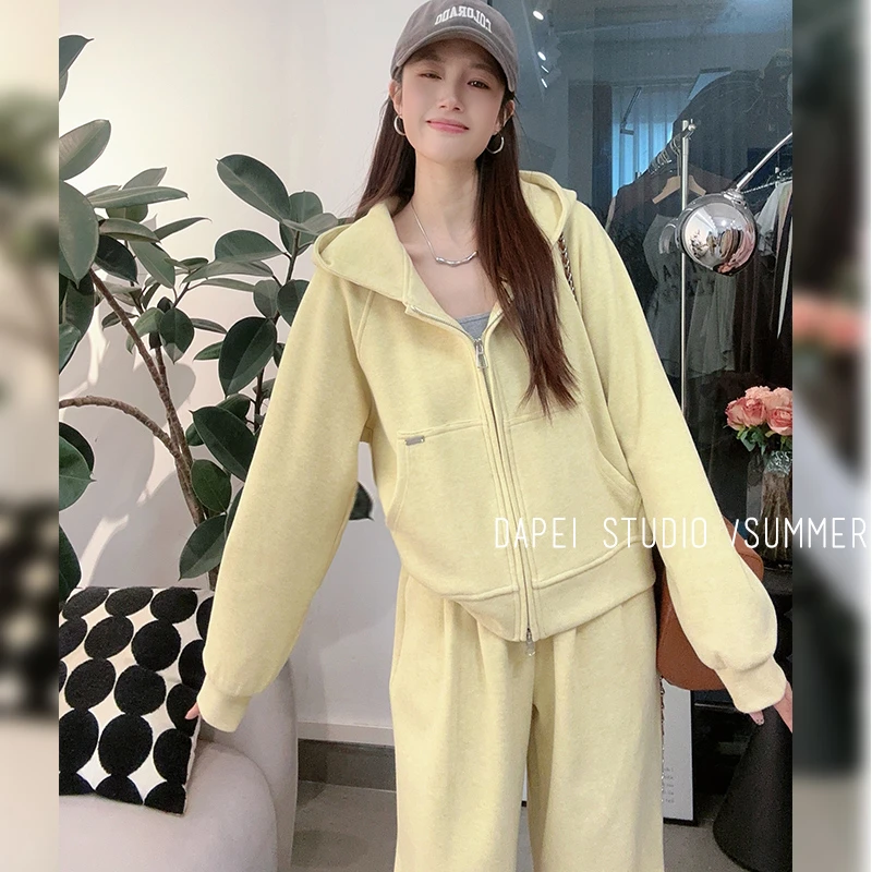 冬季加绒加厚显瘦套装洋气休闲连帽外套韩版卫衣+阔腿裤