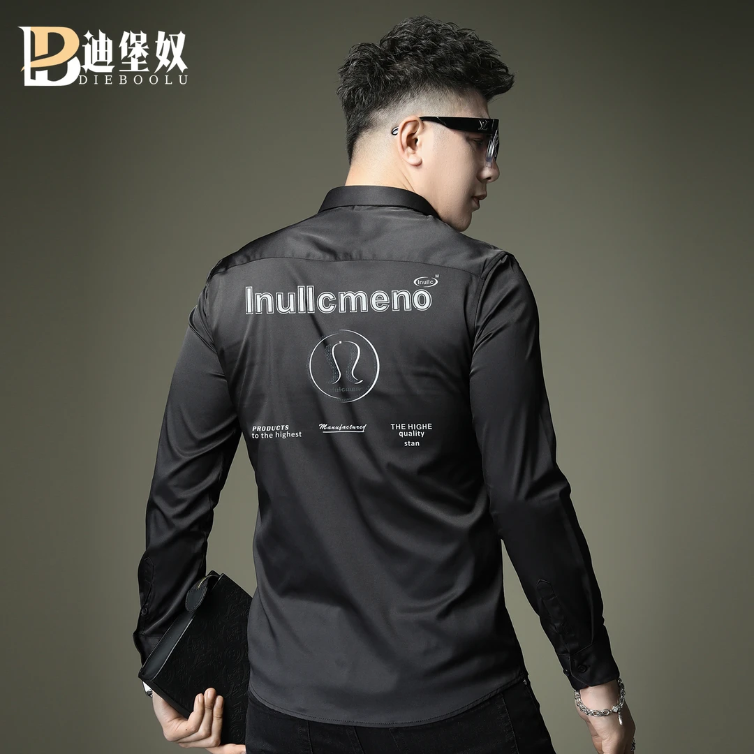 欧货新款夏季个性时尚字母印花潮牌长袖衬衫男潮流修身衬衣男男装