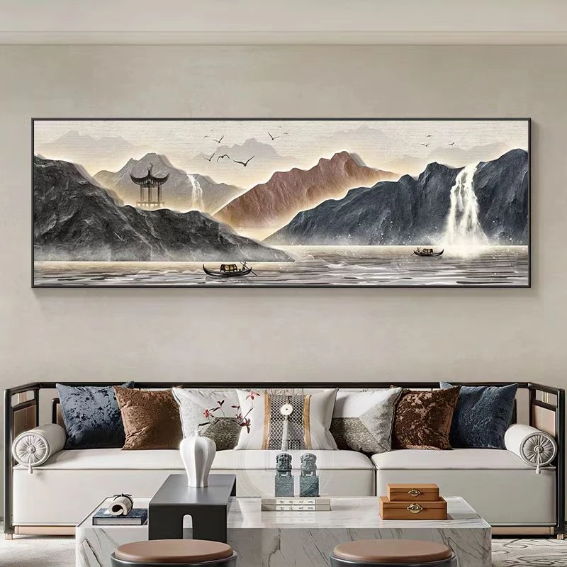 新中式客厅山水画沙发背景墙镶钻装饰画流水生财现代简约山70200