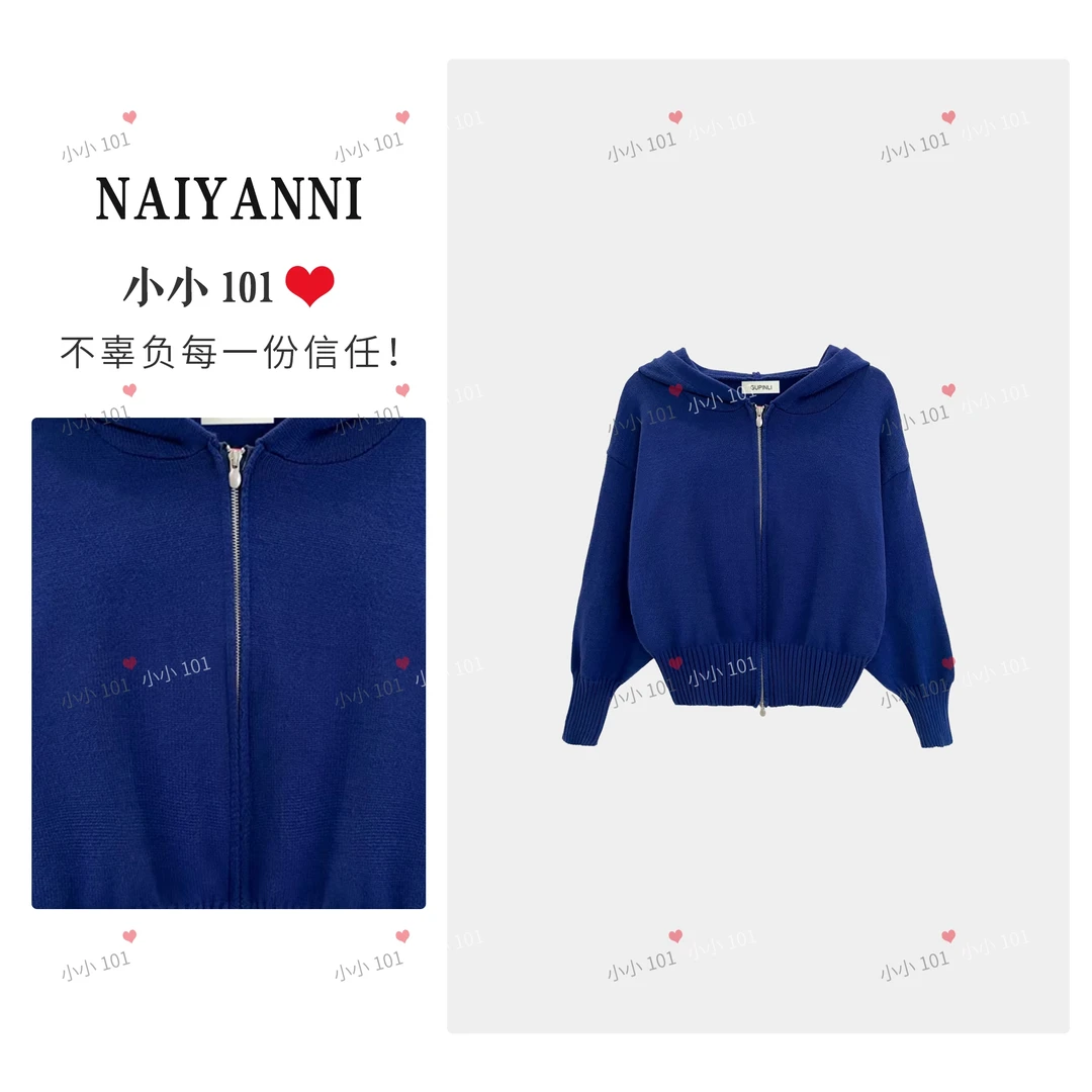 2025新秋冬女慵懒风蝙蝠袖连帽拉链针织休闲毛衣外套