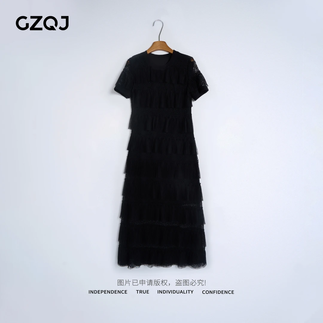 广州琴姐【富家千金】欧若风黑色蕾丝拼接收腰显瘦连衣裙女夏 60697