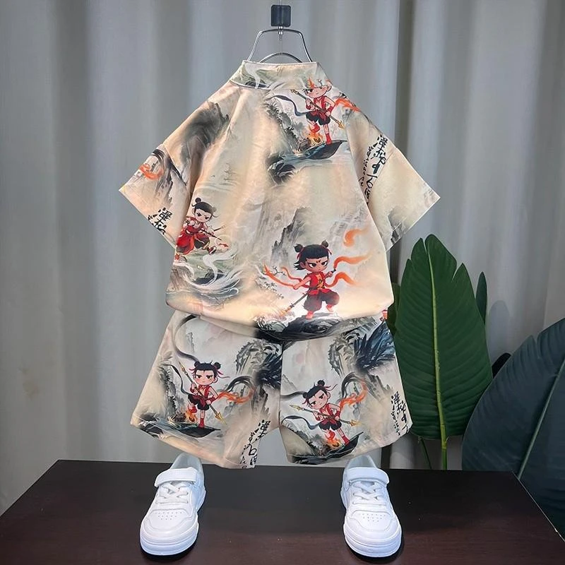 哪吒衣服2025新款夏季儿童套装男童汉服夏装中式衬衫短裤两件套