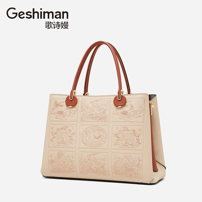 国风刺绣手提包白色时尚休闲百搭女真皮单肩小众潮流大气质感肩包