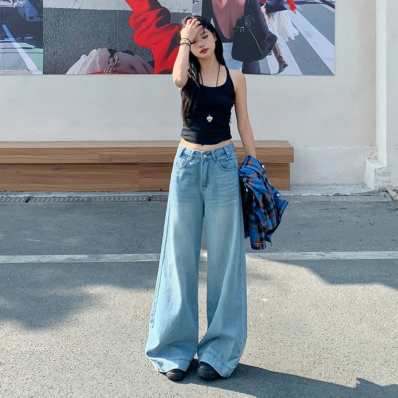 2025秋装蓝色直筒牛仔裤女新款春季小个子显瘦裤子宽松阔腿拖地裤