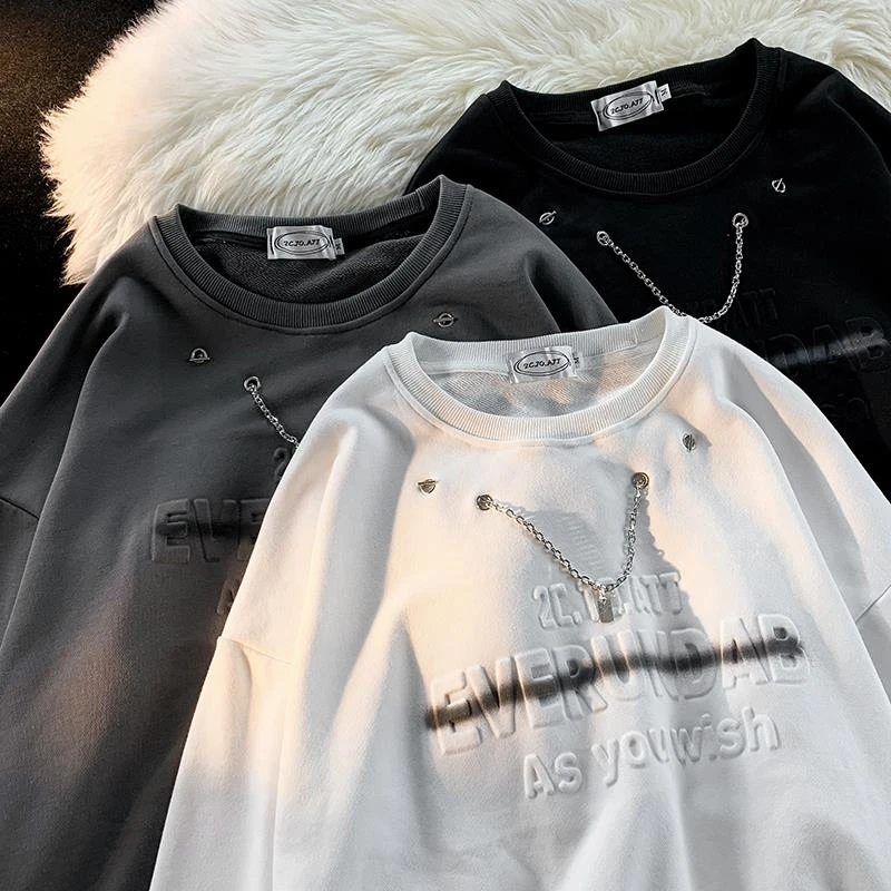 【JRXR男装】美式项链卫衣男潮牌字母压花设计小众情侣上衣复古宽