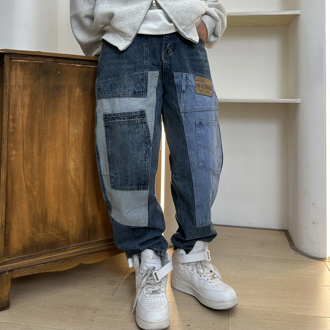 拼接日系贴布百搭牛仔裤15盎司高街潮流个性做旧男复古直筒长裤