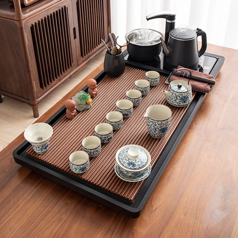 功夫茶具套装家用大号全自动茶台电茶炉烧水壶竹面石底一整套茶盘