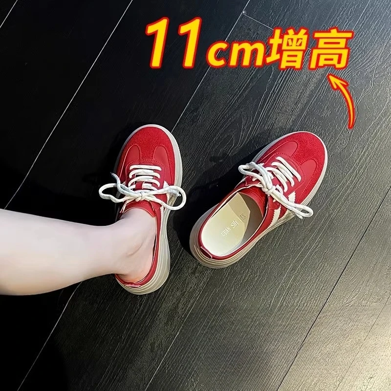 内增高11cm红色真皮复古2025年新款春秋矮子乐鞋松糕德训鞋半拖鞋