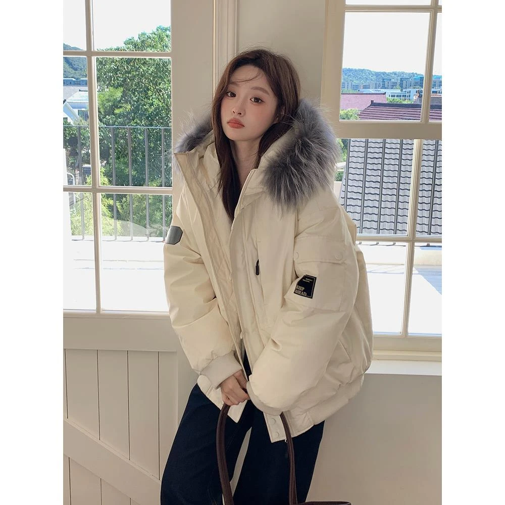 羽绒棉服女2025年新款冬季工装派克服大毛领情侣加厚棉袄棉衣外套