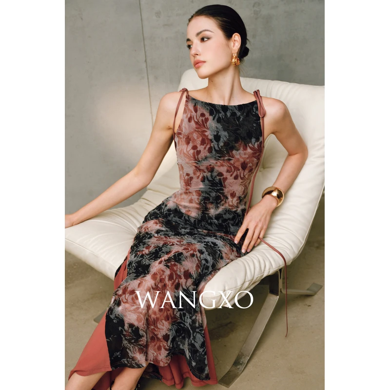 WANGXO 晕染提花针织收腰鱼尾连衣裙 250201W