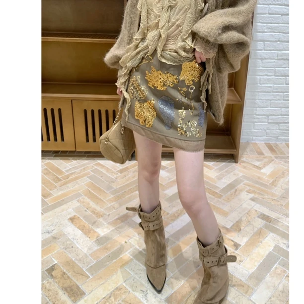 【赵小小&南法假日】7782 秋季重工亮片拼接高腰显瘦短款包臀半身裙