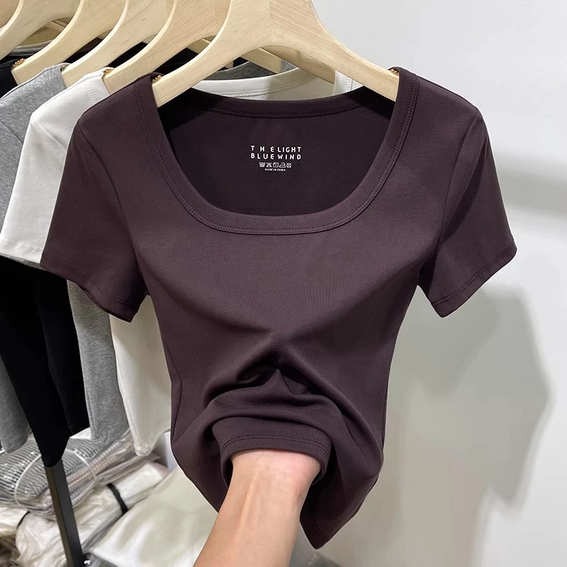 芯娇晴欧货方领露锁骨正肩短袖t恤女装夏季新款洋气修身小衫上衣