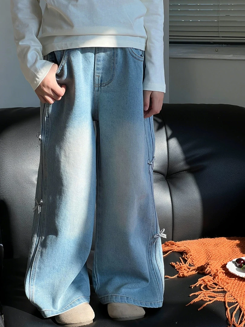 【丫丫童品】2025春季新款女大童女童侧蝴蝶结牛仔阔腿裤A048