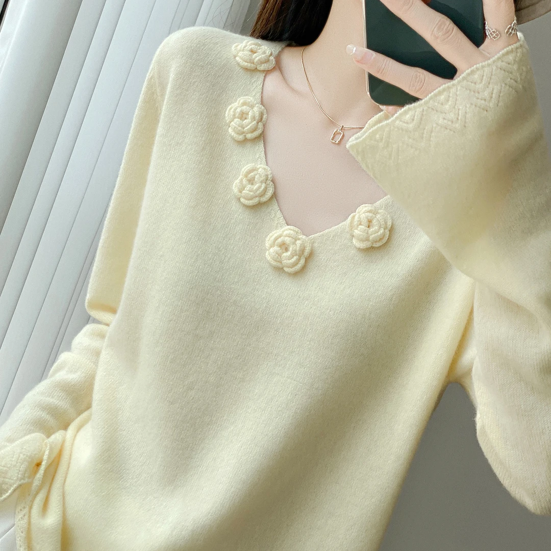 洋气喇叭袖温柔针织衫毛衣V领显瘦气质慵懒风女长袖羊毛打底衫