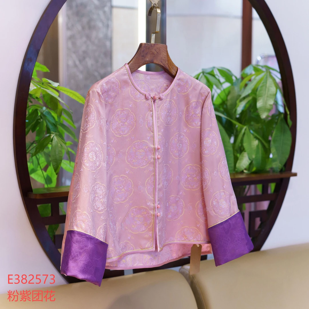 【锦系~新款】真丝提花国风桑蚕丝袖口撞色圆领直襟长袖外套-382573