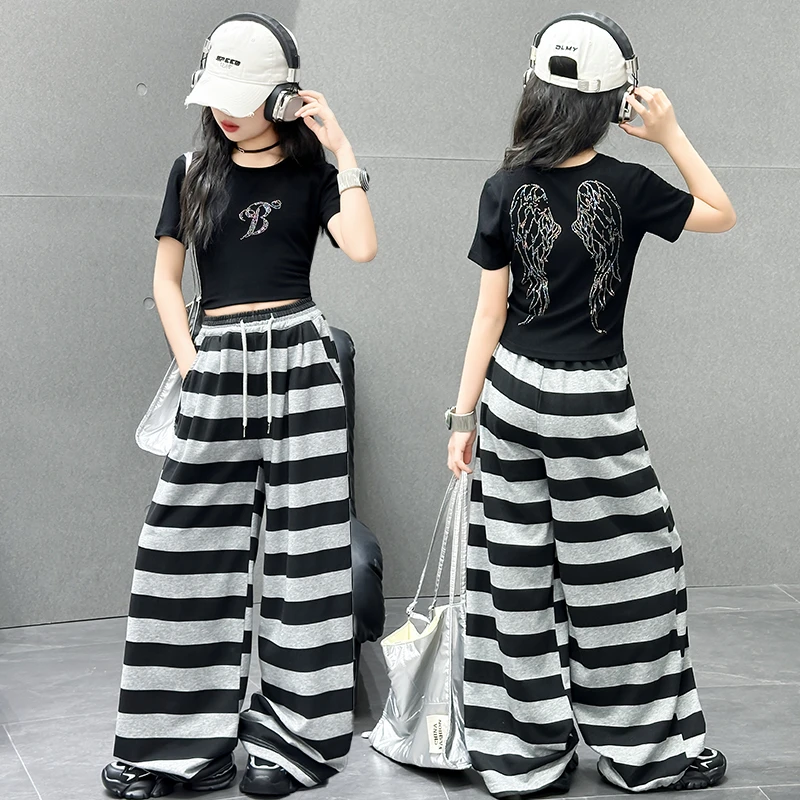女童夏季韩系套装2025新款中大童洋气慵懒风短袖条纹阔腿裤两件套